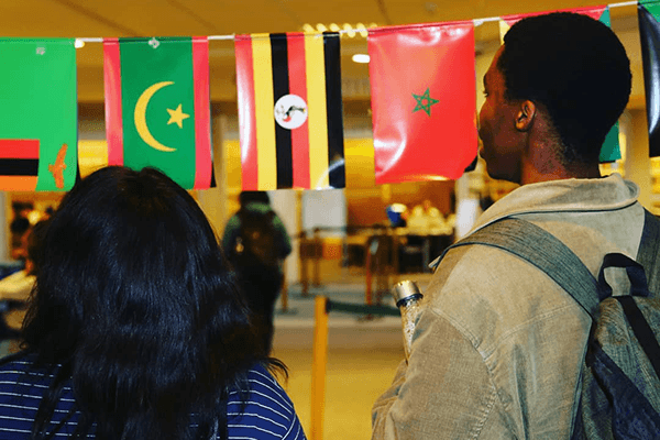 Students look at Africa month 2019 flags in Chancellor Oppenheimer Library