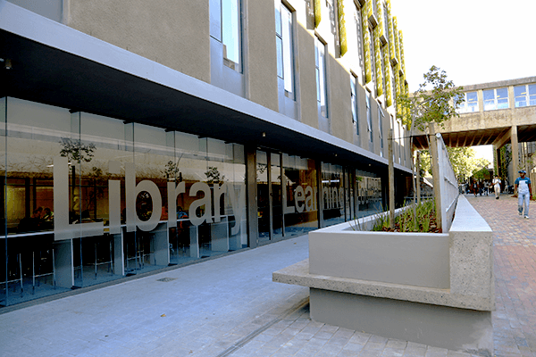 Outside of Library learning Lounge with long ramp