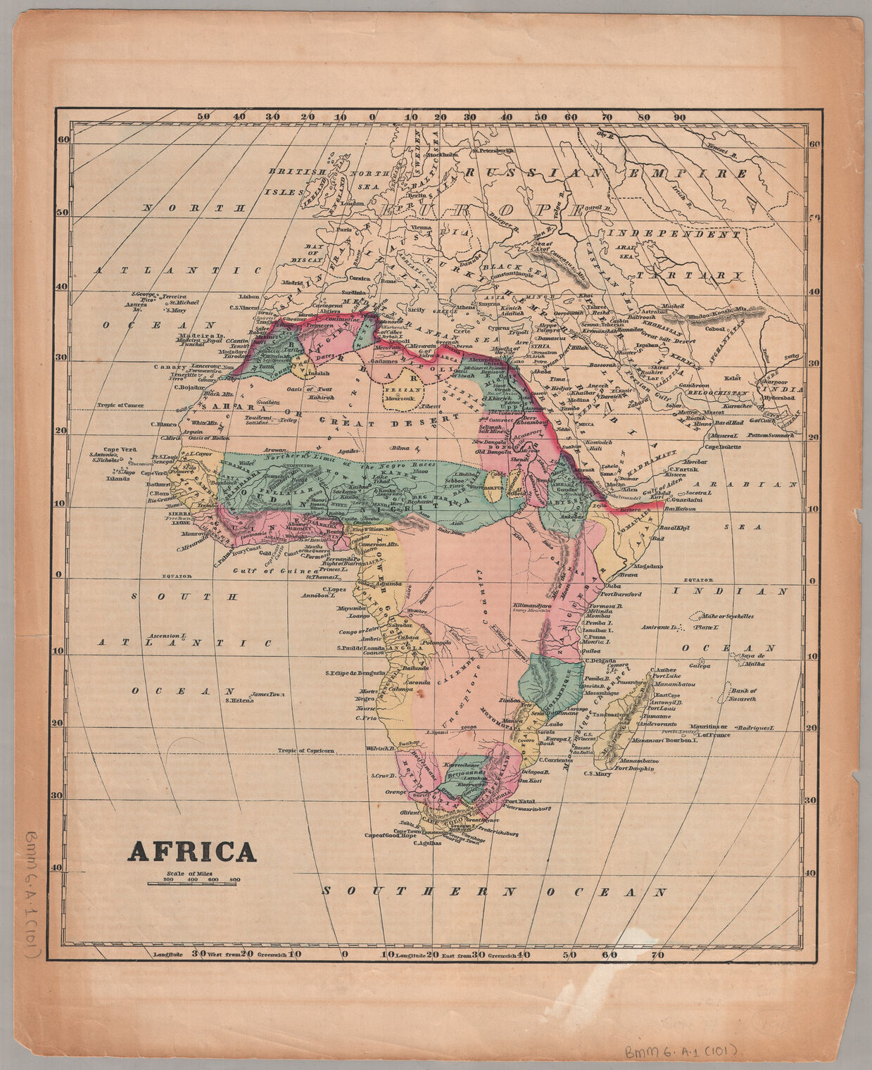 Coloured map of Africa showing the Atlantic and Indian Ocean islands including Pemba, Zanzibar, Seychelles, Madagascar, Mauritius, Rodriguez, St Helena and Cape Verde.