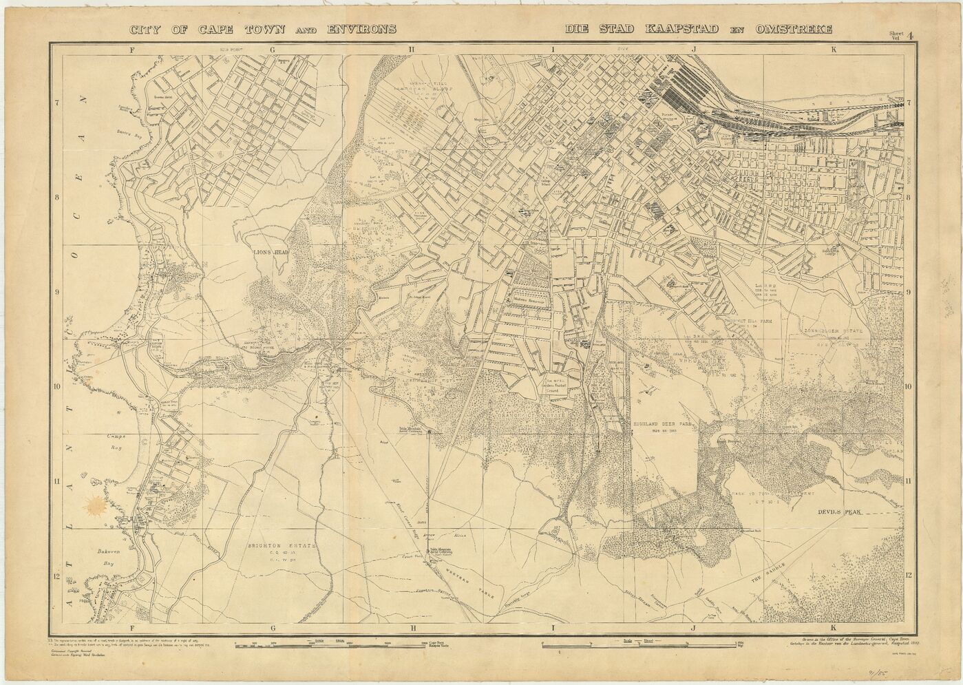 Street plan of Cape Town, 1930. Shows the central business district and the peri-urban and suburban areas of the city including the City Bowl area, the Atlantic Seaboard, the Southern Suburbs, the Northern Suburbs, the Cape Flats and the False Bay area