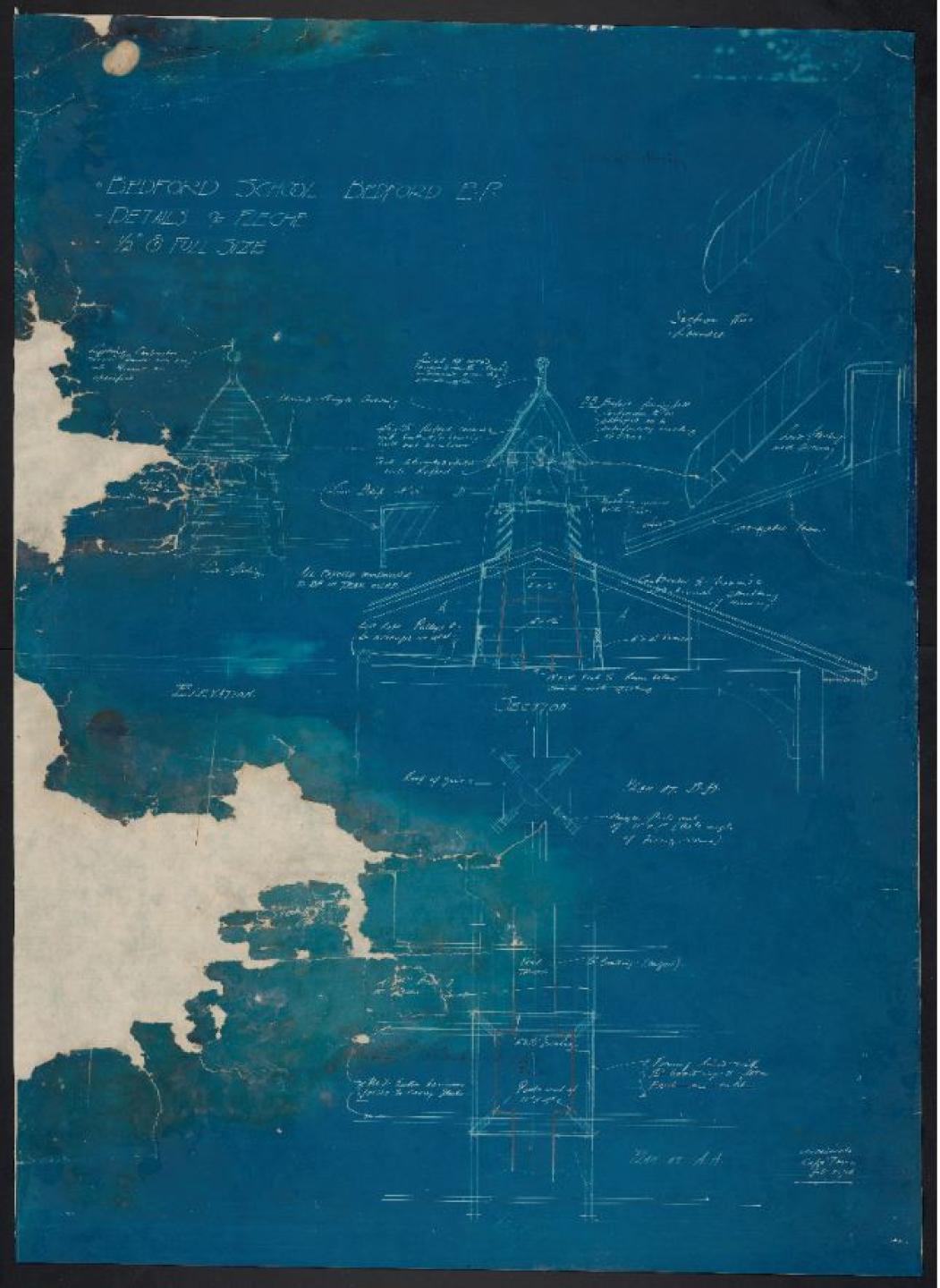 Torn and damaged blueprints of the Bedford School