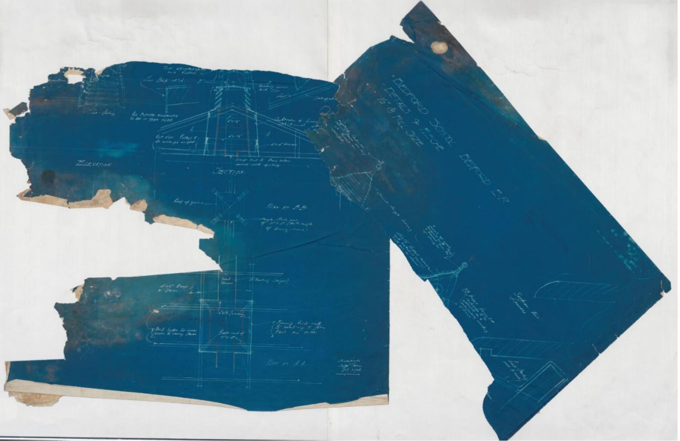 Torn and damaged blueprints of the Bedford School