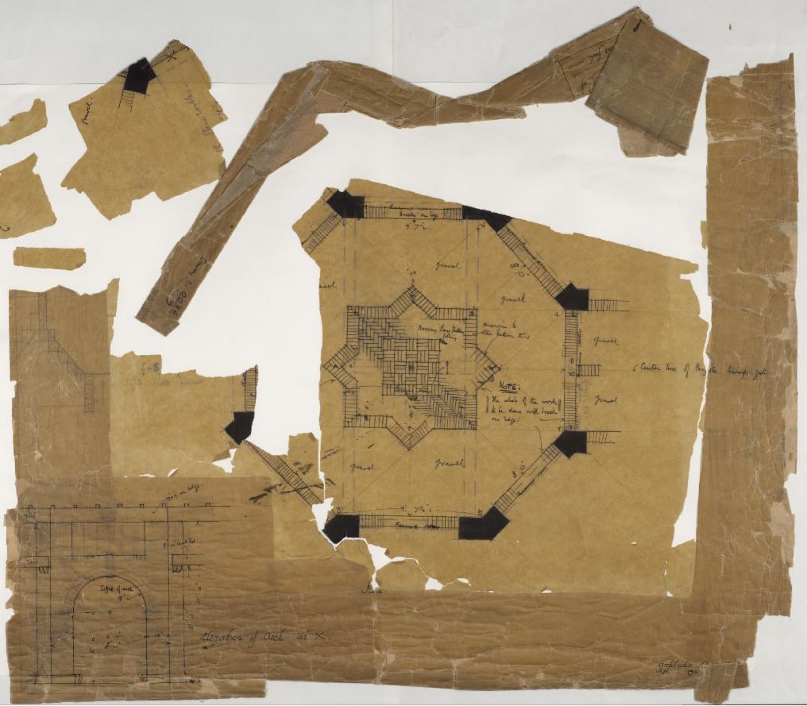 Torn and damaged architectural drawing of Cumnor House in Kenilworth