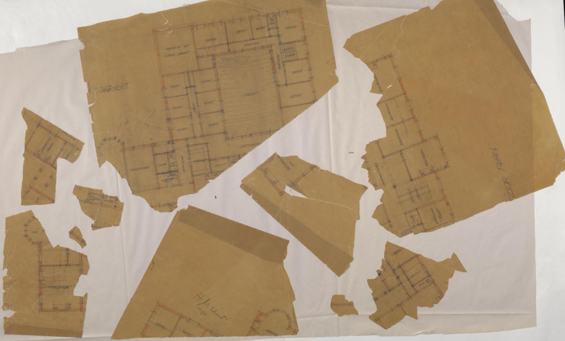 Torn and scattered architectural drawings of 'orphaned items'