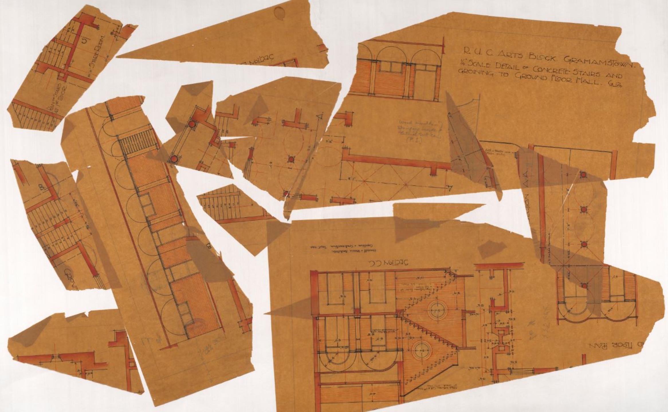 Torn and scattered architectural drawings of Rhodes University College Arts Block