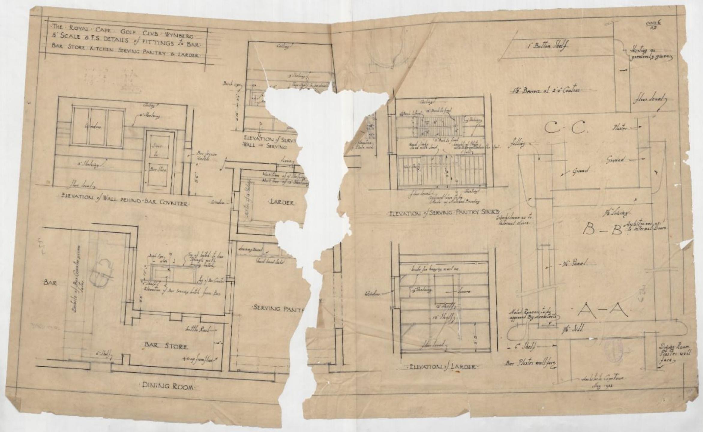 Torn and damaged architectural drawings of the Royal Cape Golf Club