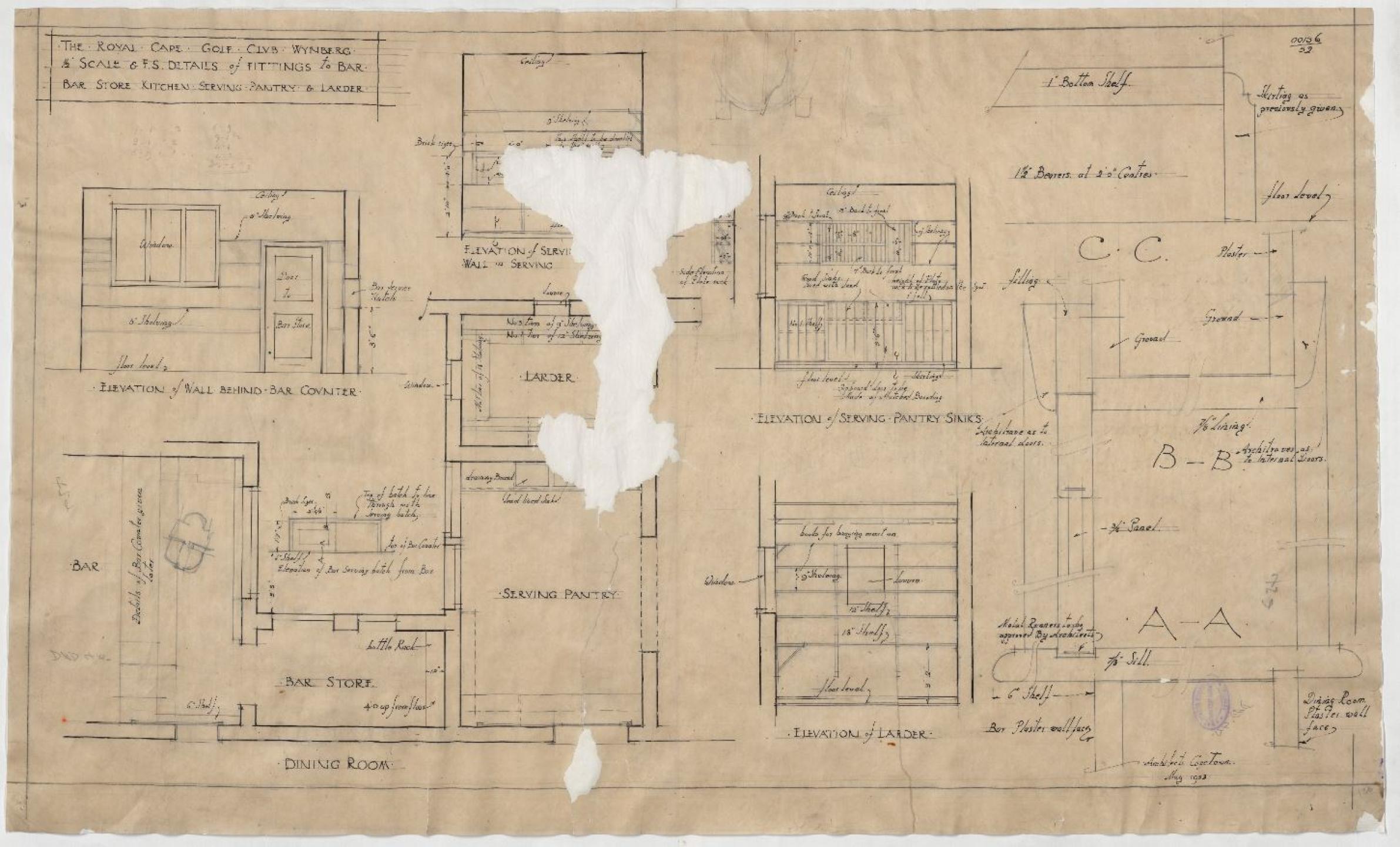 Torn and damaged architectural drawings of the Royal Cape Golf Club