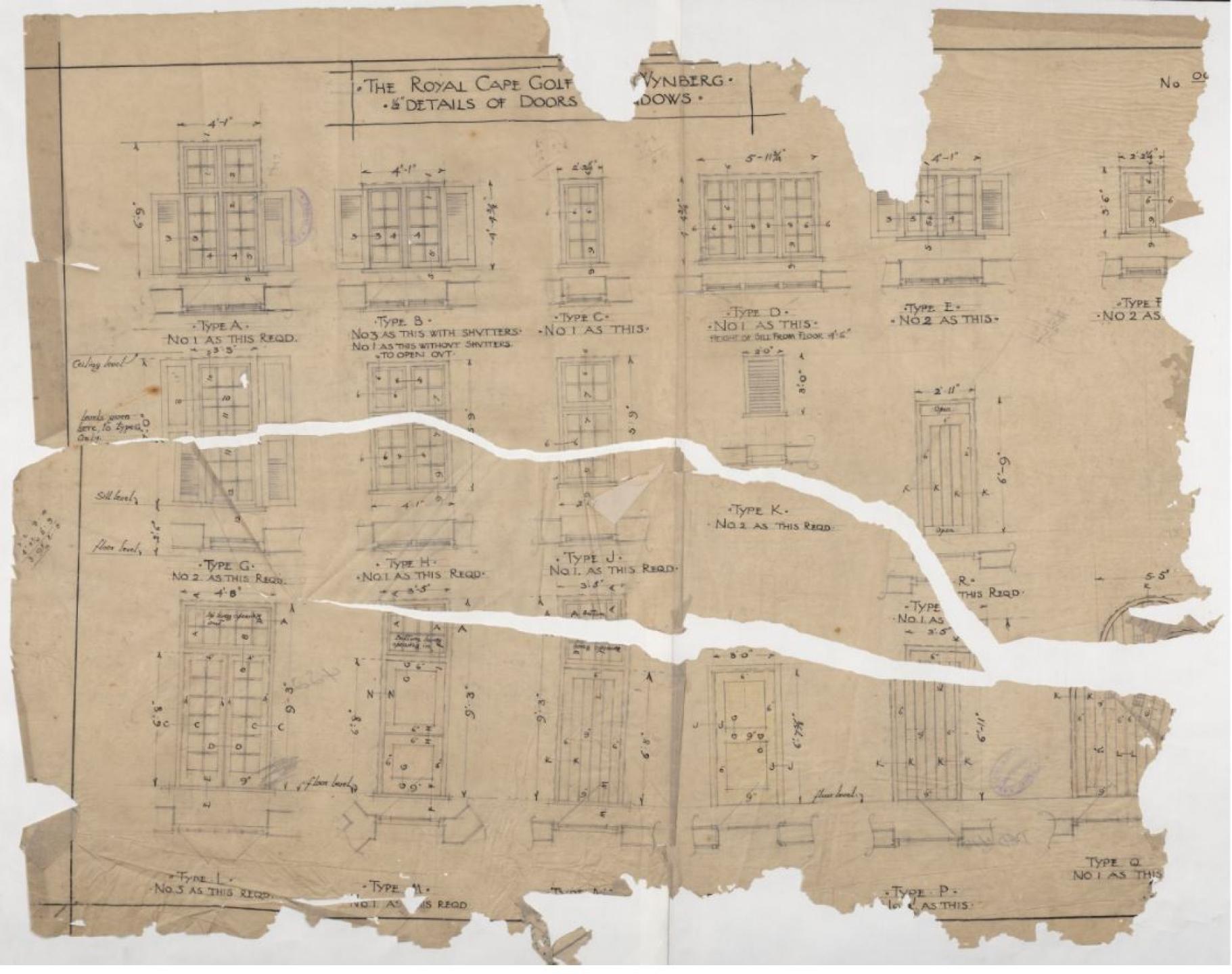 Torn and damaged architectural drawings of the Royal Cape Golf Club