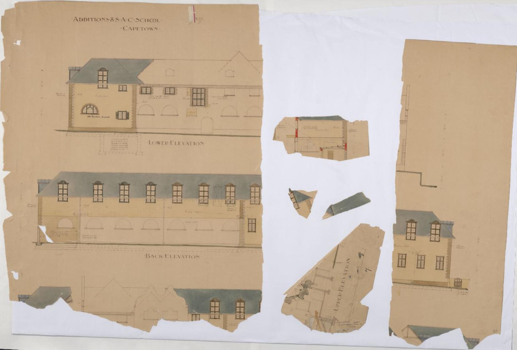 Faded and damaged architectural drawings of additions to the South African College between 1898 - 1904.