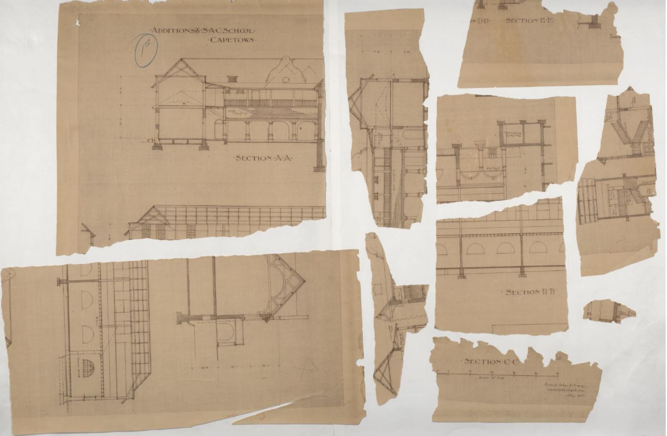 Faded and damaged architectural drawings of additions to the South African College between 1898 - 1904.