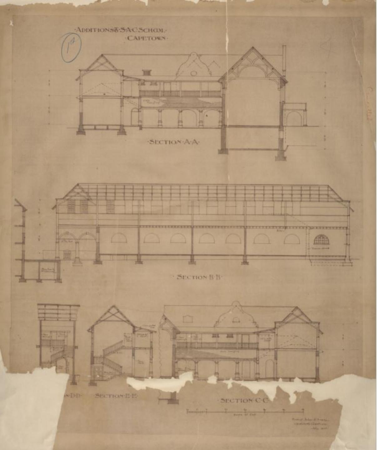 Faded and damaged architectural drawings of additions to the South African College between 1898 - 1904.