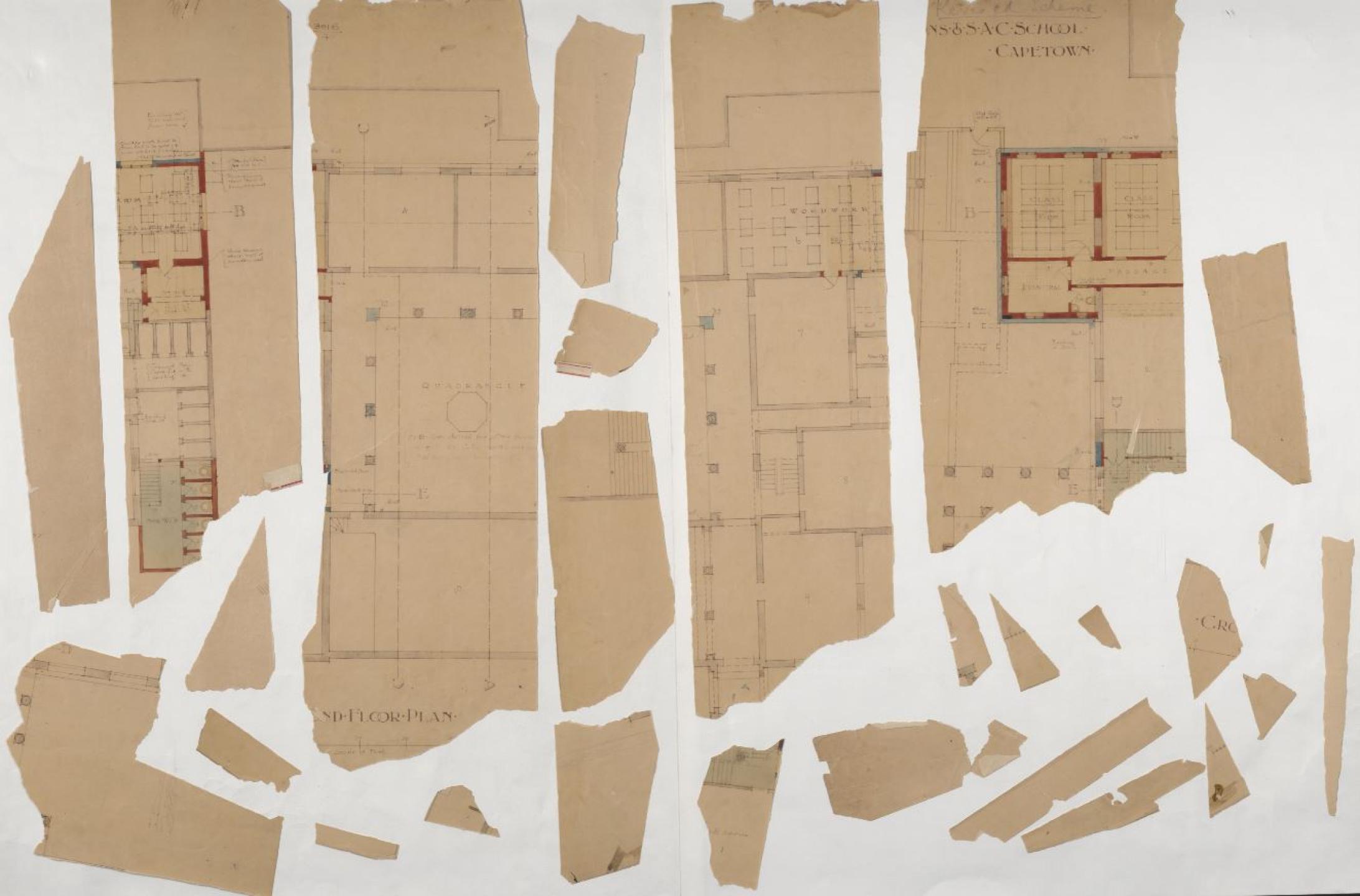 Faded and damaged architectural drawings of additions to the South African College between 1898 - 1904.
