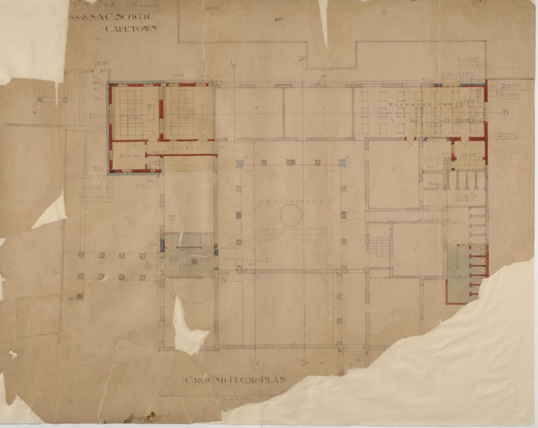 Faded and damaged architectural drawings of additions to the South African College between 1898 - 1904.
