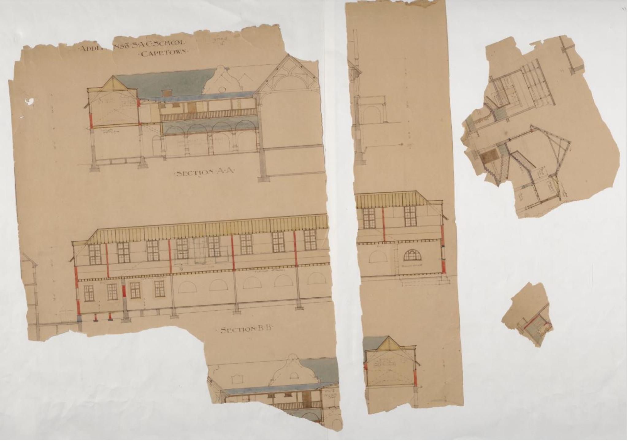 Faded and damaged architectural drawings of additions to the South African College between 1898 - 1904.