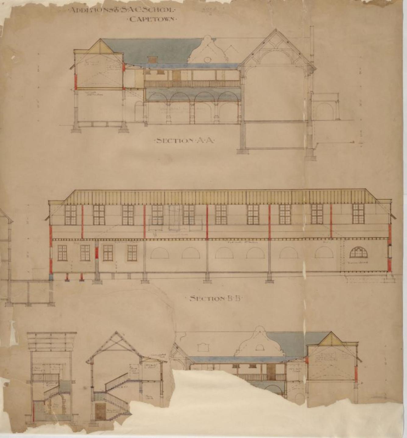 Faded and damaged architectural drawings of additions to the South African College between 1898 - 1904.