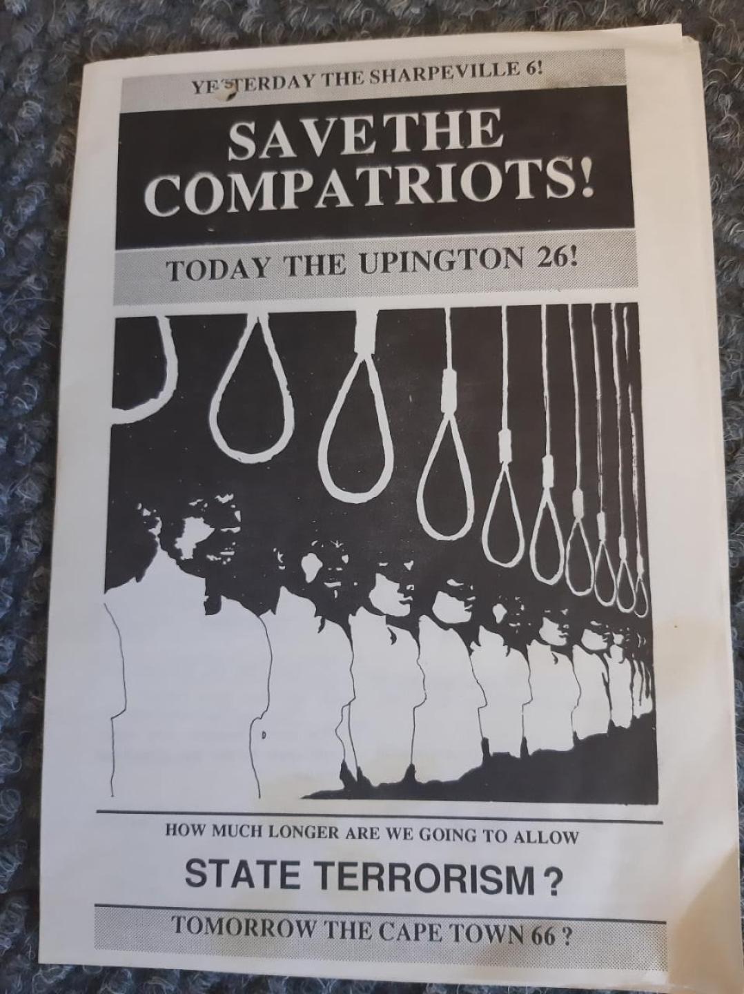 Black and white poster, graphic of people lined up infront of nooses. Heading: Save the Compatriots!