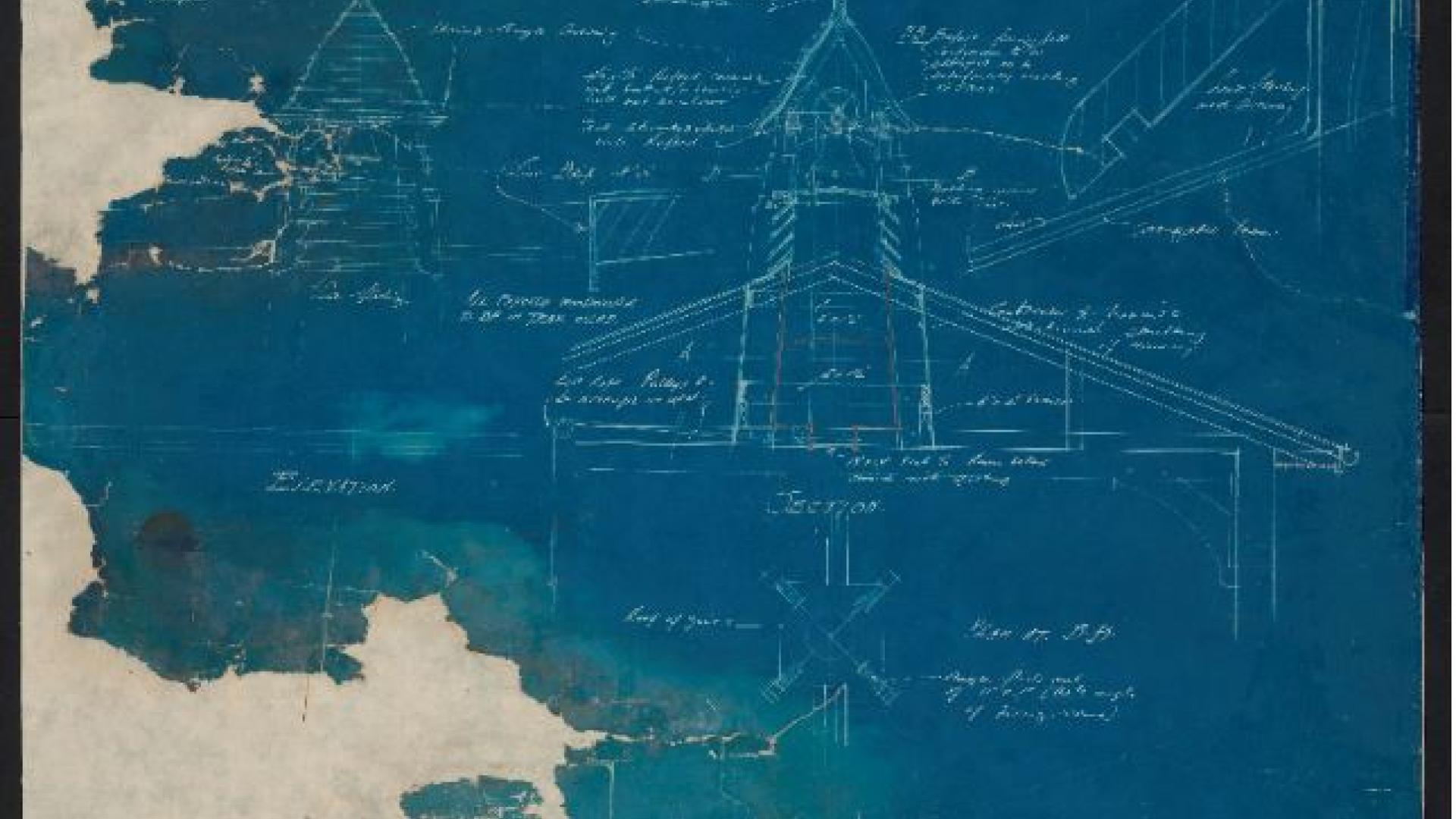 Torn and damaged blueprints of the Bedford School
