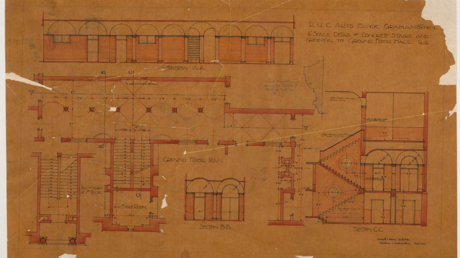 Restored architectural drawings of Rhodes University College Arts Block