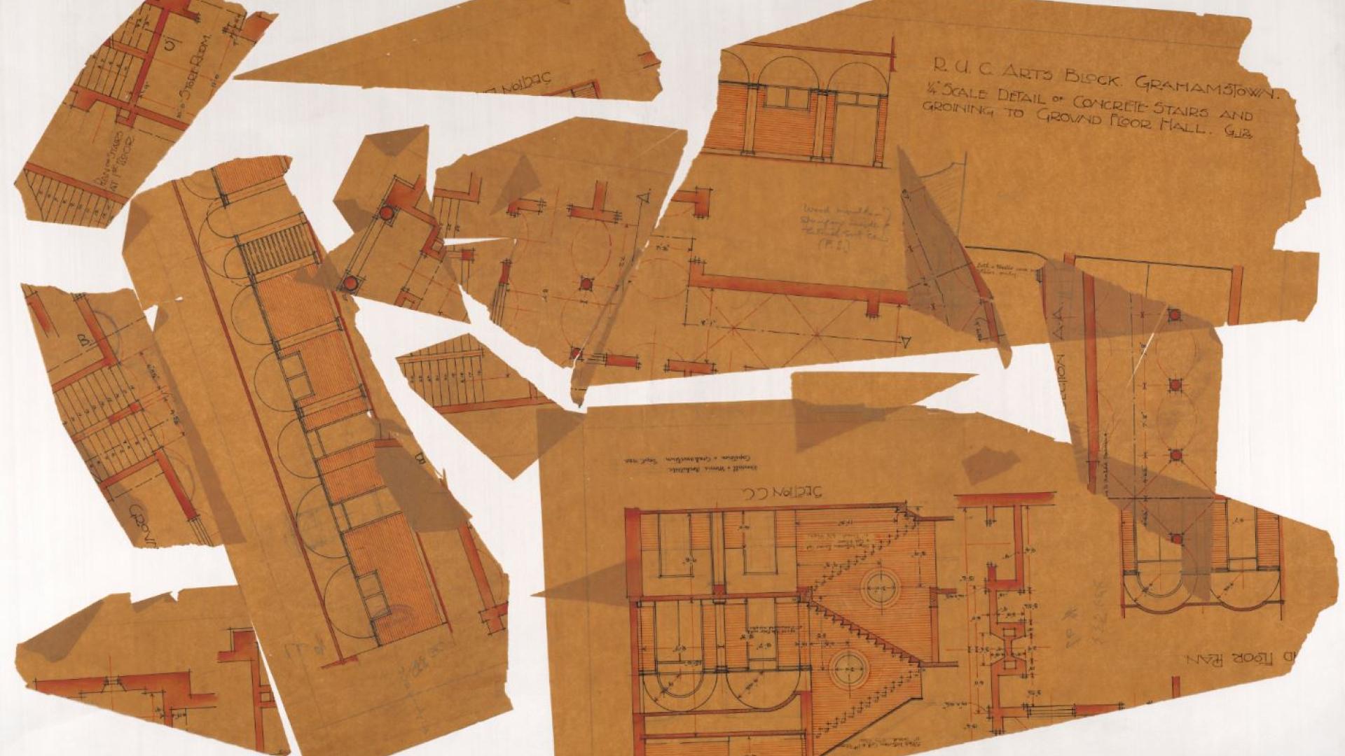 Torn and scattered architectural drawings of Rhodes University College Arts Block