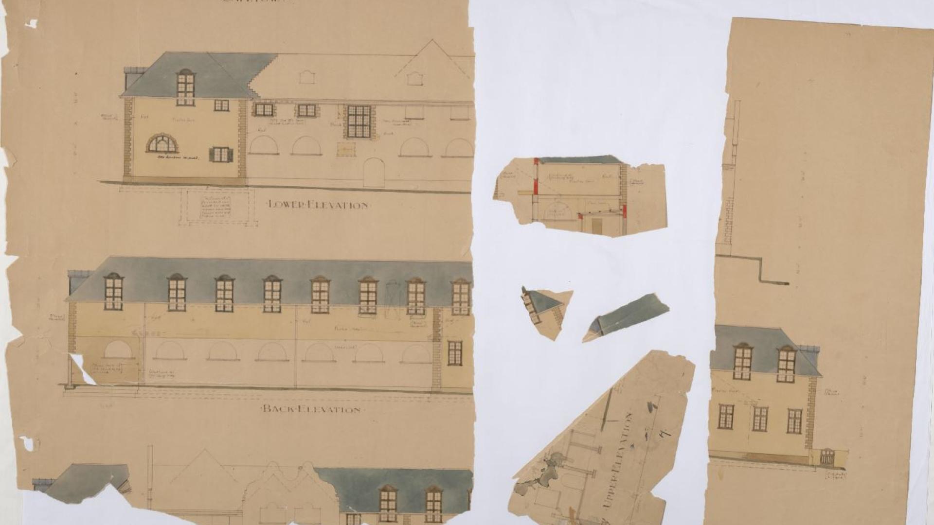 Faded and damaged architectural drawings of additions to the South African College between 1898 - 1904.