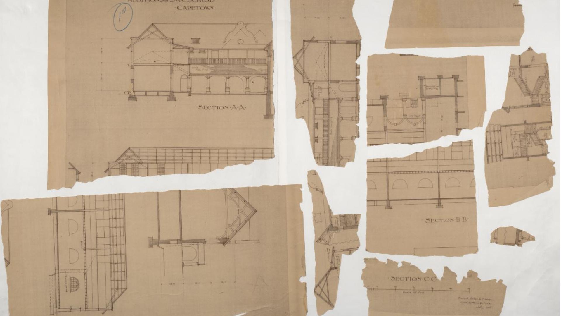 Faded and damaged architectural drawings of additions to the South African College between 1898 - 1904.