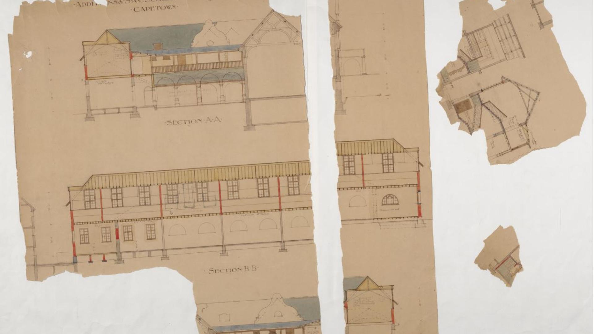 Faded and damaged architectural drawings of additions to the South African College between 1898 - 1904.