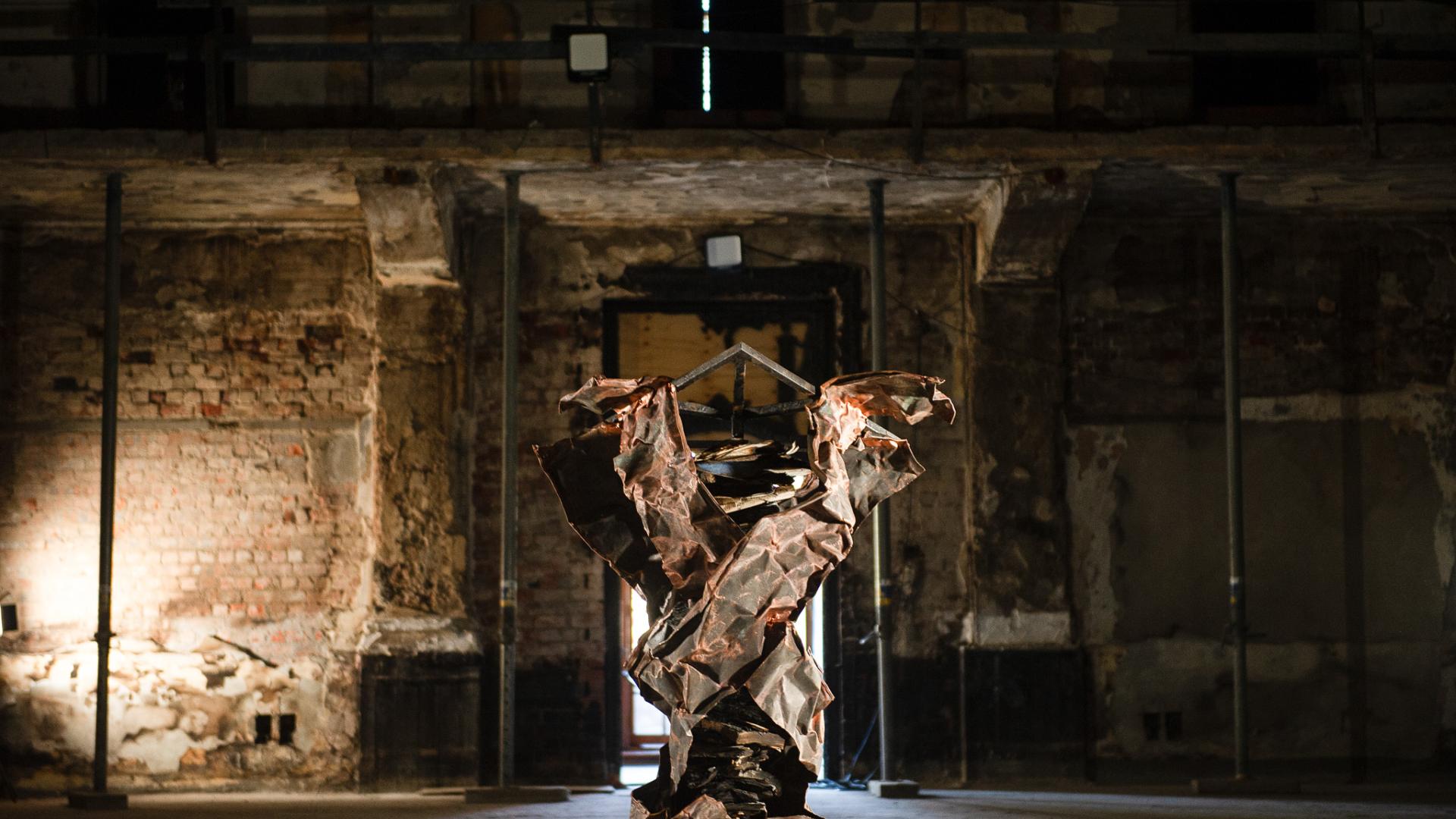 Bespoke book stand, forged from the buckled copper, charred books and debris of the UCT’s Jagger Library. Displayed inside the ruins of the Jagger Reading Room