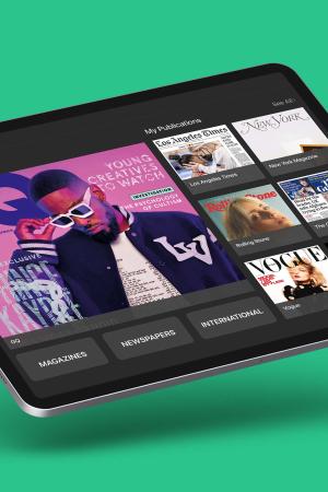 Poster with green background displaying mobile device with pressreader app on screen