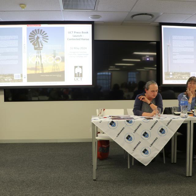 Photo from Contested Karoo Book launch of the conversation on the book between Professors Emma Archer, Cherryl Walker and Timm Hoffman