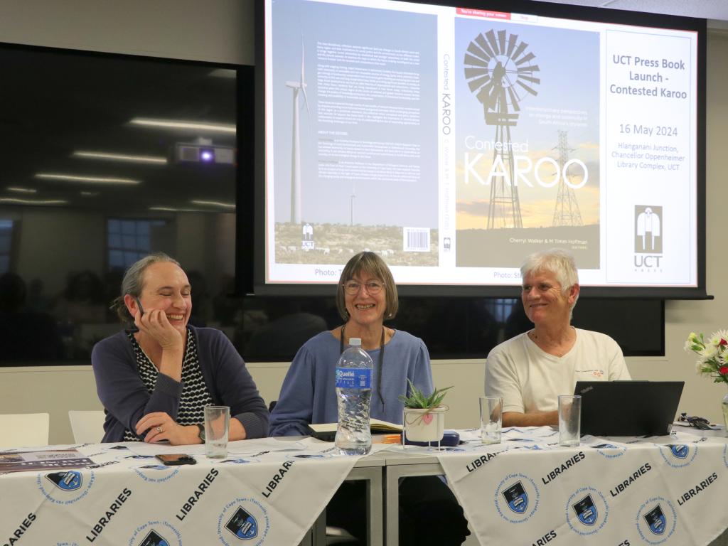 Photo from Contested Karoo Book launch of the conversation on the book between Professors Emma Archer, Cherryl Walker and Timm Hoffman