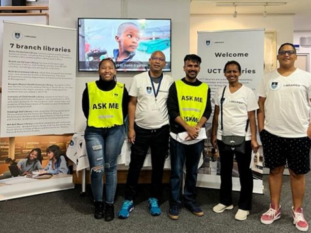 UCT Libraries Library Buddies and staff member pose in the Chancellor Oppenheimer foyer. From left, Zanele Daantjie, Russel Williams, Bikash Chetry, Awot Gebregziabher and Roberto Sass