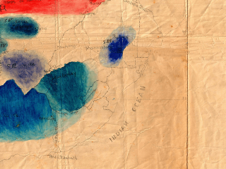Map from the Bleek Collection showing distribution of Bushman languages in South Africa in blue for southern group, yellow for northern group and red for central group